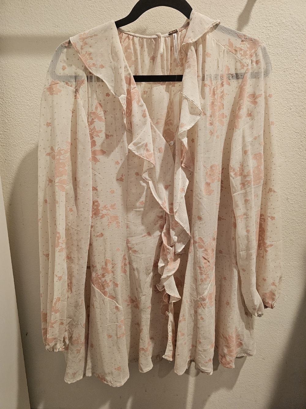 Free People Sheer Ruffle Front Blouse - Cream with Light Pink Floral